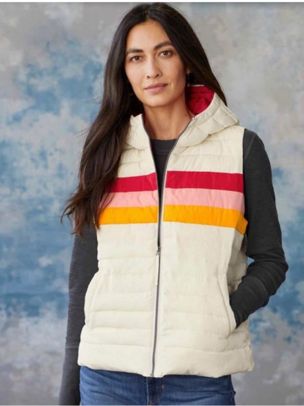 Sundance Dandelion Hooded Puffer Vest Cream Rainbow Stripe Large Outdoor Chic - Picture 2 of 7